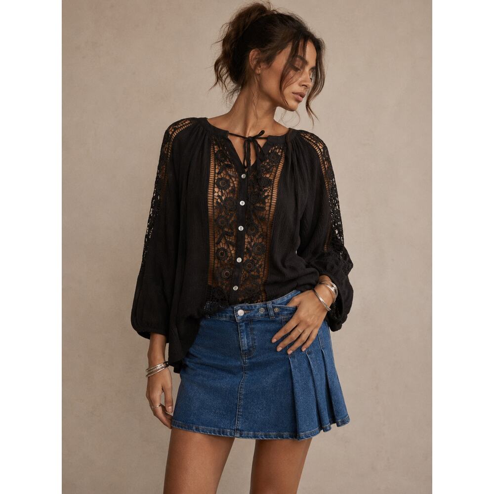 Boho Black Crochet Lace Peasant Blouse Size M
